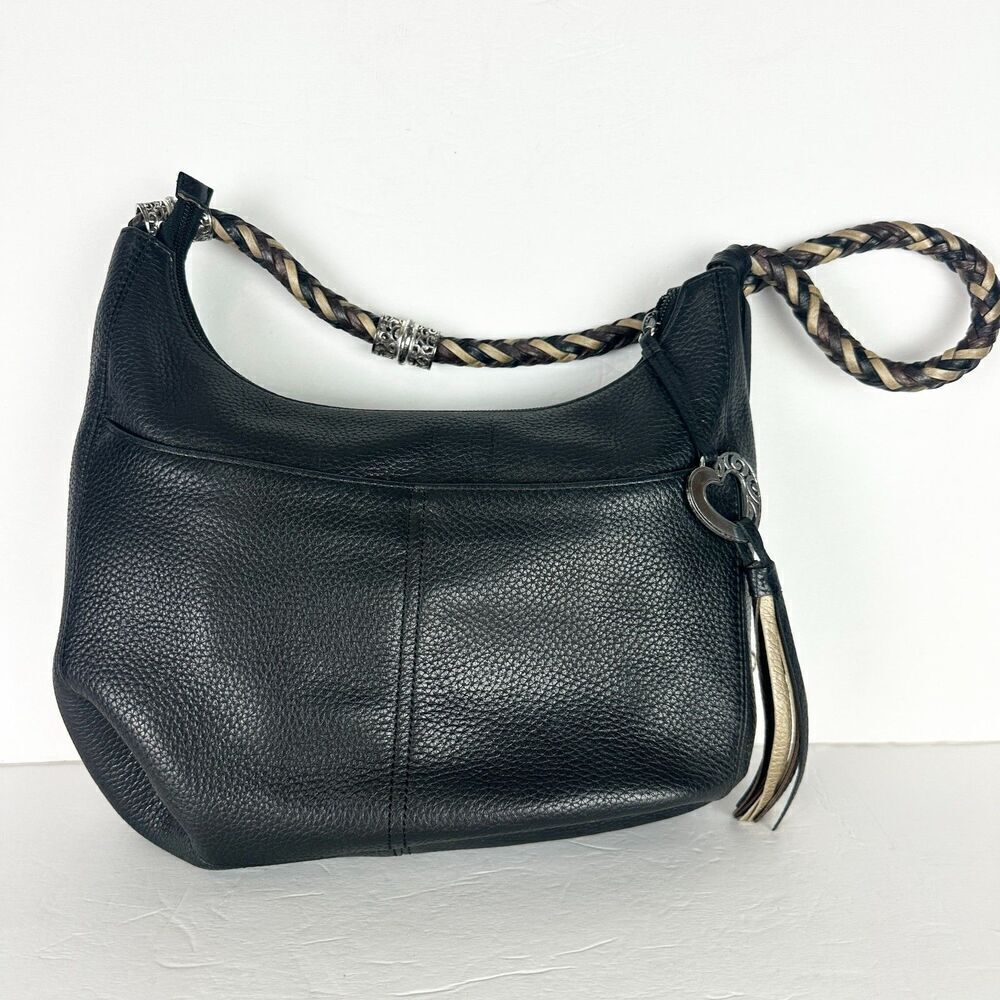 Brighton Barbados Ziptop Hobo Bag Pebbled Leather Black Braided Strap - Picture 1 of 12